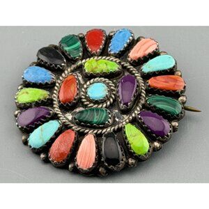 Vintage Southwestern  Brooch Multi Stone Sterling Silver Cluster Turquoise Coral